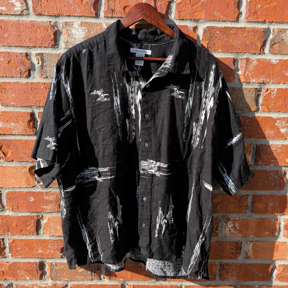Knightsbridge Button Down Mens XL Black Abstract Linen Shirt